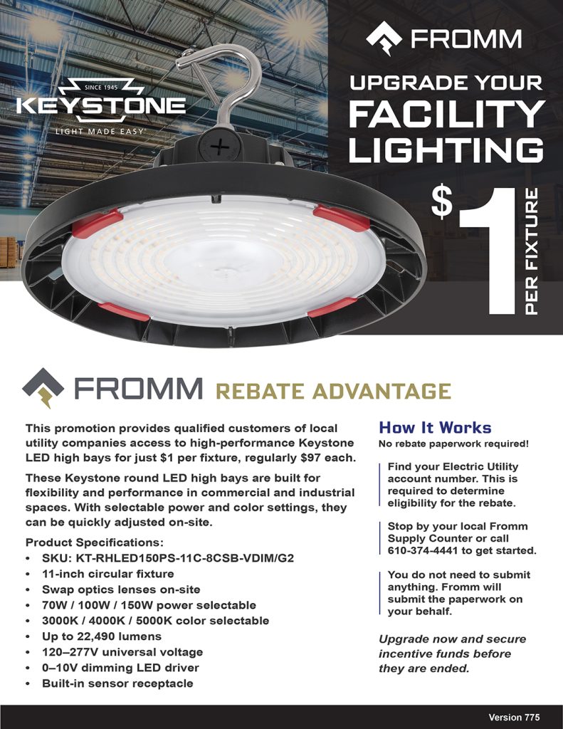 Fromm rebate flyer for Keystone LED high bay lights at  per fixture