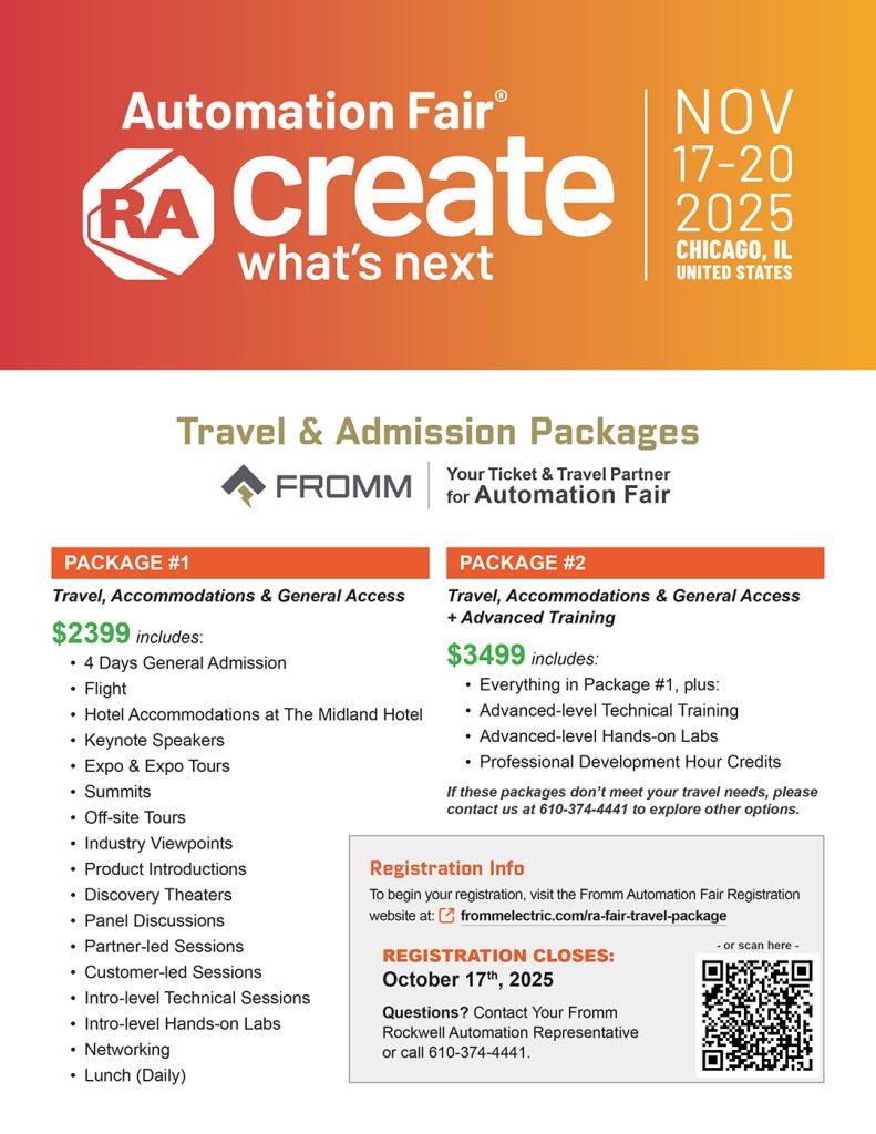 Fromm flyer for Automation Fair 2025 travel and admission packages in Chicago