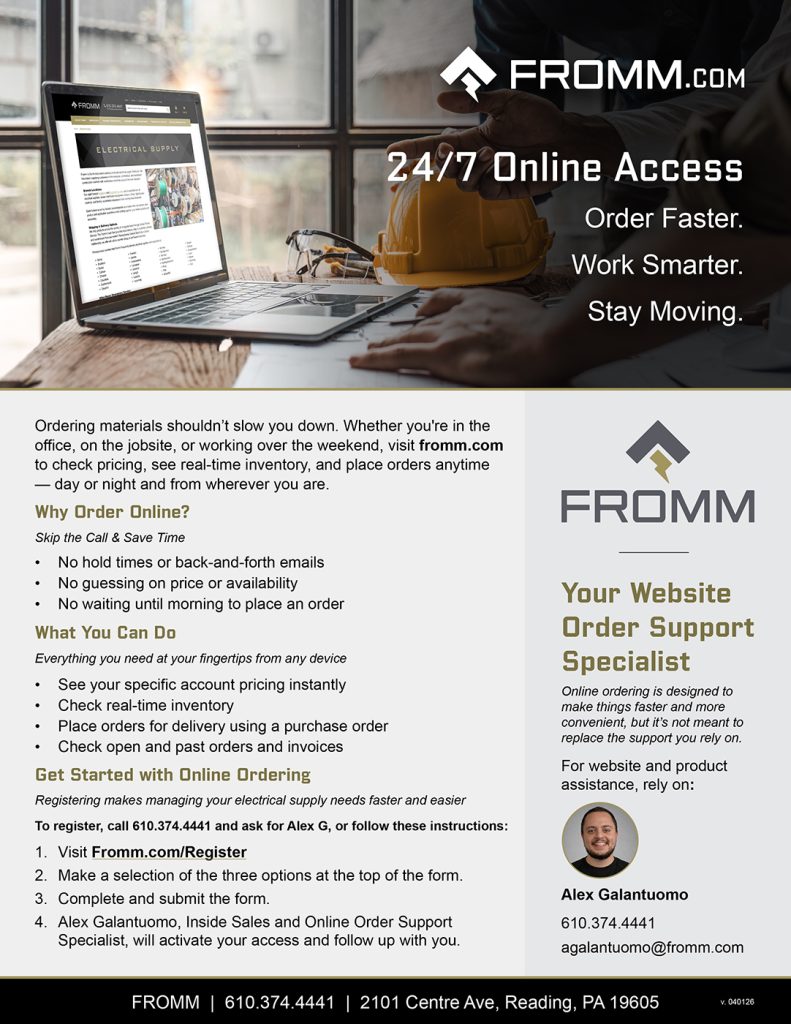 Fromm flyer promoting 24/7 online ordering, with a laptop on a jobsite desk