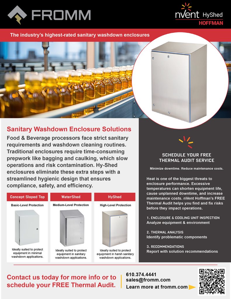 Fromm flyer for nVent Hoffman sanitary washdown enclosures and free thermal audits