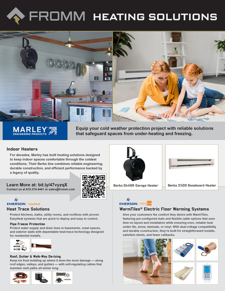 Fromm heating solutions flyer featuring Marley heaters and electric floor warming systems