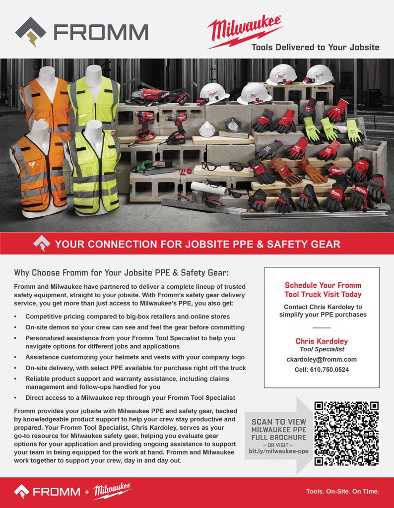Fromm and Milwaukee flyer for jobsite PPE and safety gear delivery