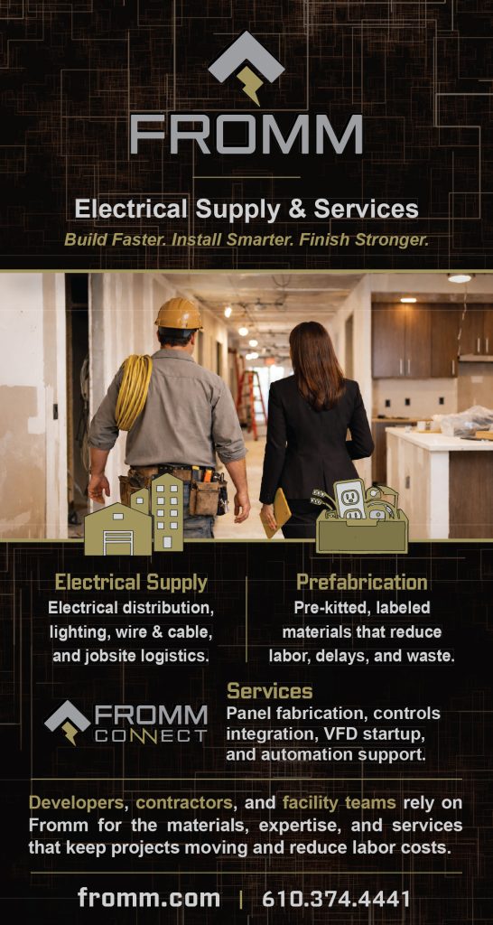 Fromm ad for electrical supply, prefabrication and services with workers on a jobsite