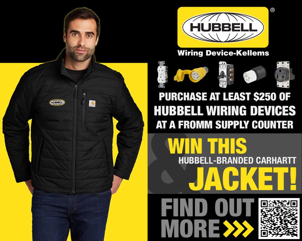 Hubbell ad to win a branded Carhartt jacket with wiring device purchase