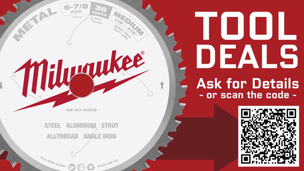 Milwaukee tool deals ad with a metal-cutting saw blade and QR code