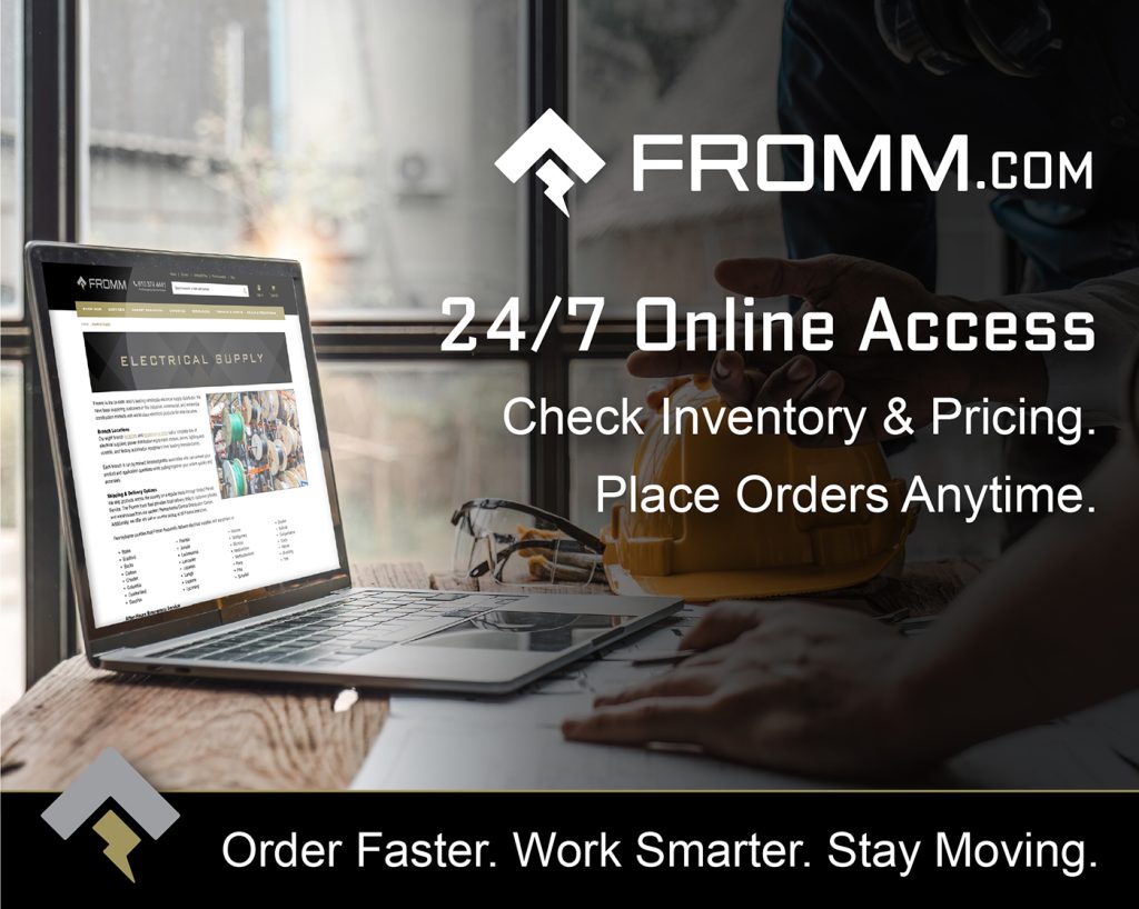 Fromm ad for 24/7 online ordering showing a laptop and hard hat